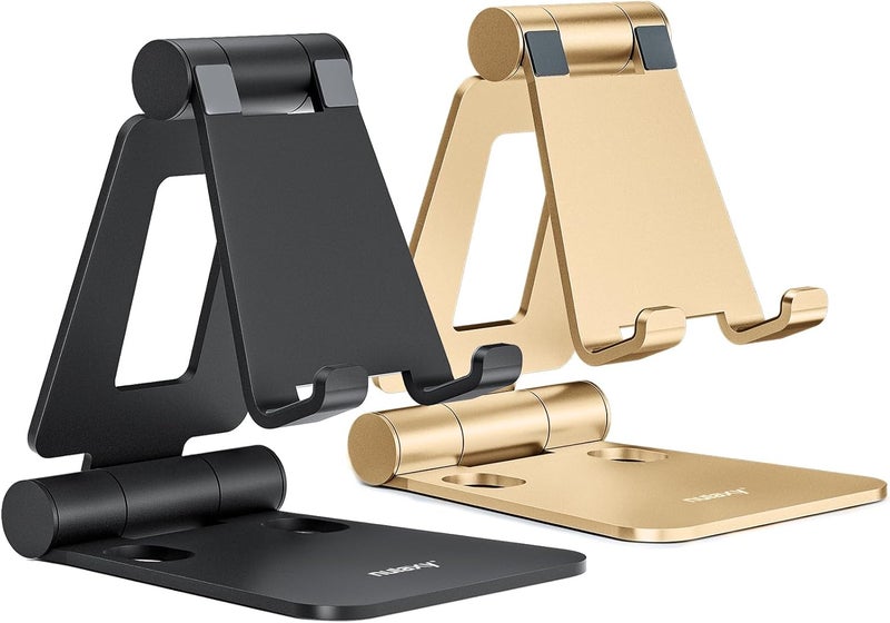 nulaxy 2 Pack Dual Folding Cell Phone Stand, Fully Adjustable Foldable Desktop Phone Holder Cradle Dock Compatible with Phone 16 15 14 13 12 Pro Xs Xs Max Xr, All Phones, Black&Gold - Image 1